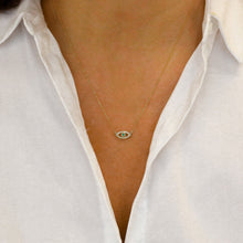 Load image into Gallery viewer, 14k Solid Gold Natural Diamond with Sapphire Ruby Emerald or Turquoise Bezel Set Evil Eye Necklace w/ Adjustable Drawstring Chain