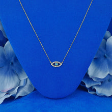 Load image into Gallery viewer, 14k Solid Gold Natural Diamond with Sapphire Ruby Emerald or Turquoise Bezel Set Evil Eye Necklace w/ Adjustable Drawstring Chain