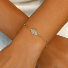 Load image into Gallery viewer, 18k Solid Gold Natural Diamond Baguette and Round Evil Eye with Bezel Set Adjustable Bracelet