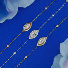 Load image into Gallery viewer, 18k Solid Gold Natural Diamond Baguette and Round Evil Eye with Bezel Set Adjustable Bracelet