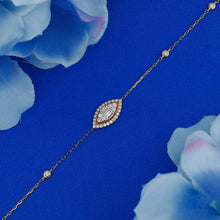 Load image into Gallery viewer, 18k Solid Gold Natural Diamond Baguette and Round Evil Eye with Bezel Set Adjustable Bracelet