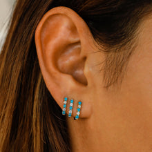 Load image into Gallery viewer, 18k Solid Gold Natural Diamond Round and Turquoise Lever Back Huggy Hoop Earrings