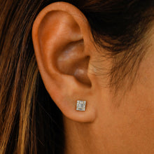 Load image into Gallery viewer, 18k Solid Gold Natural Diamond Rectangle Baguette Round Illusion Stud Earrings