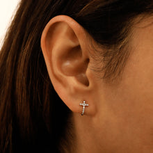 Load image into Gallery viewer, Single (Half Pair) 18k Solid Gold Natural Diamond Small Cross Lever Back Huggy Hoop Earrings