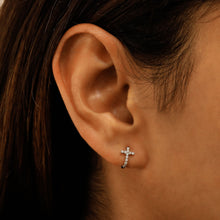 Load image into Gallery viewer, Single (Half Pair) 18k Solid Gold Natural Diamond Small Cross Lever Back Huggy Hoop Earrings