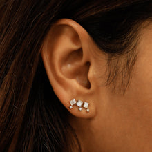 Load image into Gallery viewer, Single (Half Pair) 18k Solid Gold Natural Diamond Triple Baguette Bar and Round Stud Earrings