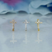 Load image into Gallery viewer, Single (Half Pair) 18k Solid Gold Natural Diamond Small Cross Lever Back Huggy Hoop Earrings