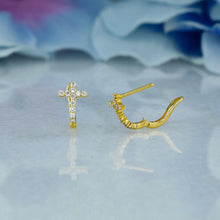 Load image into Gallery viewer, Single (Half Pair) 18k Solid Gold Natural Diamond Small Cross Lever Back Huggy Hoop Earrings