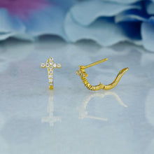 Load image into Gallery viewer, Single (Half Pair) 18k Solid Gold Natural Diamond Small Cross Lever Back Huggy Hoop Earrings