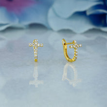 Load image into Gallery viewer, Single (Half Pair) 18k Solid Gold Natural Diamond Small Cross Lever Back Huggy Hoop Earrings