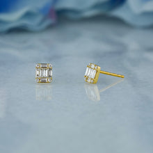 Load image into Gallery viewer, 18k Solid Gold Natural Diamond Rectangle Baguette Round Illusion Stud Earrings