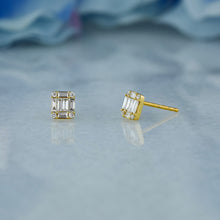 Load image into Gallery viewer, 18k Solid Gold Natural Diamond Rectangle Baguette Round Illusion Stud Earrings
