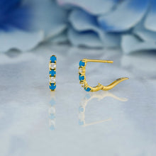 Load image into Gallery viewer, 18k Solid Gold Natural Diamond Round and Turquoise Lever Back Huggy Hoop Earrings