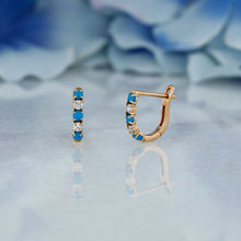 Load image into Gallery viewer, 18k Solid Gold Natural Diamond Round and Turquoise Lever Back Huggy Hoop Earrings