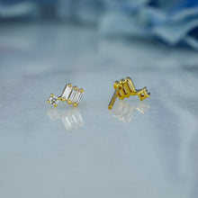 Load image into Gallery viewer, Single (Half Pair) 18k Solid Gold Natural Diamond Triple Baguette Bar and Round Stud Earrings