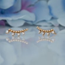 Load image into Gallery viewer, Single (Half Pair) 14k Solid Gold Natural Diamond Curved Crescent Beaded Bar Ear Climber Crawler Earrings
