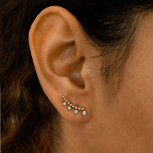 Load image into Gallery viewer, Single (Half Pair) 14k Solid Gold Natural Diamond Curved Crescent Beaded Bar Ear Climber Crawler Earrings