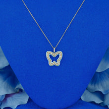 Load image into Gallery viewer, 18k Solid Gold Natural Diamond Border Light Blue Enamel Open Butterfly Necklace with Adjustable Drawstring Chain