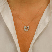 Load image into Gallery viewer, 18k Solid Gold Natural Diamond Border Light Blue Enamel Open Butterfly Necklace with Adjustable Drawstring Chain