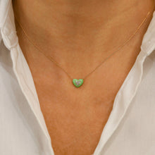 Load image into Gallery viewer, 18k Solid Gold Natural Diamond Center Trio Cluster Light Green or Light Blue Enamel Heart Necklace with Adjustable Chain