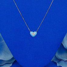 Load image into Gallery viewer, 18k Solid Gold Natural Diamond Center Trio Cluster Light Green or Light Blue Enamel Heart Necklace with Adjustable Chain