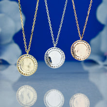 Load image into Gallery viewer, 14k Solid Gold Rainbow Sapphire Border Round Pendant Necklace with Adjustable Chain