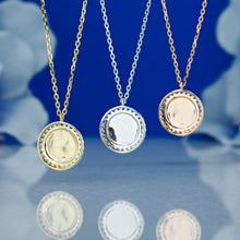 Load image into Gallery viewer, 14k Solid Gold Rainbow Sapphire Border Round Pendant Necklace with Adjustable Chain