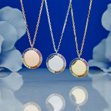 Load image into Gallery viewer, 14k Solid Gold Rainbow Sapphire Border Round Pendant Necklace with Adjustable Chain