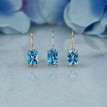 Load image into Gallery viewer, 14k Solid Gold Natural Diamond Trio Cluster with Oval Blue Topaz Drop Earrings
