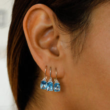 Load image into Gallery viewer, 14k Solid Gold Natural Diamond Trio Cluster with Oval Blue Topaz Drop Earrings