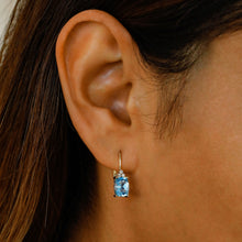 Load image into Gallery viewer, 14k Solid Gold Natural Diamond Trio Cluster with Oval Blue Topaz Drop Earrings