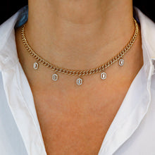 Load image into Gallery viewer, 14k Solid Yellow Gold Natural Diamond Bordered Baguette Drops on Heavy Weight Cuban Link Adjustable Choker Necklace