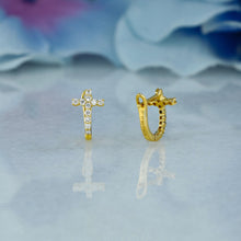 Load image into Gallery viewer, Single (Half Pair) 18k Solid Gold Natural Diamond Small Cross Lever Back Huggy Hoop Earrings