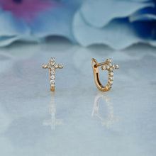 Load image into Gallery viewer, Single (Half Pair) 18k Solid Gold Natural Diamond Small Cross Lever Back Huggy Hoop Earrings