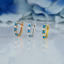 Load image into Gallery viewer, 18k Solid Gold Natural Diamond Round and Turquoise Lever Back Huggy Hoop Earrings