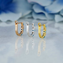 Load image into Gallery viewer, 18k Solid Gold Natural Diamond Round and Turquoise Lever Back Huggy Hoop Earrings