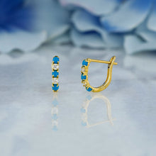 Load image into Gallery viewer, 18k Solid Gold Natural Diamond Round and Turquoise Lever Back Huggy Hoop Earrings