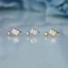 Load image into Gallery viewer, Single (Half Pair) 18k Solid Gold Natural Diamond Triple Baguette Bar and Round Stud Earrings