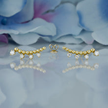 Load image into Gallery viewer, Single (Half Pair) 14k Solid Gold Natural Diamond Curved Crescent Beaded Bar Ear Climber Crawler Earrings