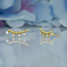Load image into Gallery viewer, Single (Half Pair) 14k Solid Gold Natural Diamond Curved Crescent Beaded Bar Ear Climber Crawler Earrings