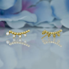 Load image into Gallery viewer, Single (Half Pair) 14k Solid Gold Natural Diamond Curved Crescent Beaded Bar Ear Climber Crawler Earrings