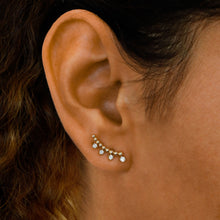 Load image into Gallery viewer, Single (Half Pair) 14k Solid Gold Natural Diamond Curved Crescent Beaded Bar Ear Climber Crawler Earrings