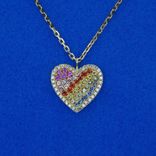 Load image into Gallery viewer, 14k Solid Gold Natural Diamond Bordered Heart Rainbow Sapphire Pendant Necklace with Adjustable Chain