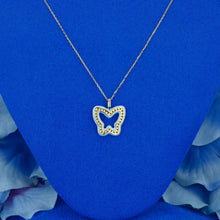 Load image into Gallery viewer, 18k Solid Gold Natural Diamond Border Light Blue Enamel Open Butterfly Necklace with Adjustable Drawstring Chain