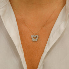 Load image into Gallery viewer, 18k Solid Gold Natural Diamond Border Light Blue Enamel Open Butterfly Necklace with Adjustable Drawstring Chain