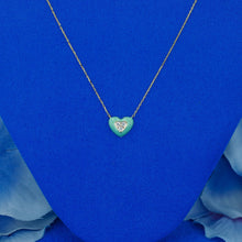 Load image into Gallery viewer, 18k Solid Gold Natural Diamond Center Trio Cluster Light Green or Light Blue Enamel Heart Necklace with Adjustable Chain