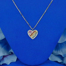 Load image into Gallery viewer, 14k Solid Gold Natural Diamond Bordered Heart Rainbow Sapphire Pendant Necklace with Adjustable Chain