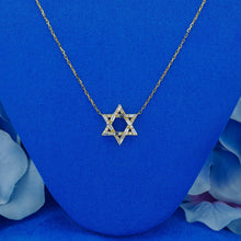 Load image into Gallery viewer, 18k Solid Gold Natural Diamond Baguette and Round Open Star of David Necklace with Adjustable Drawstring Chain