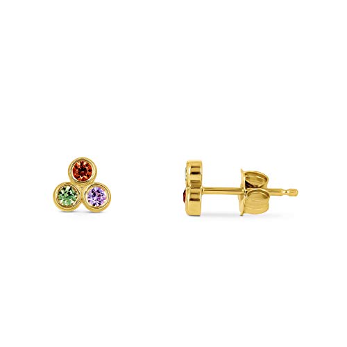 Social Value 14K Solid Gold 3 Stone Natural Rainbow Sapphire Bezel Set Small Diamond Stud Earring (Half Pair)