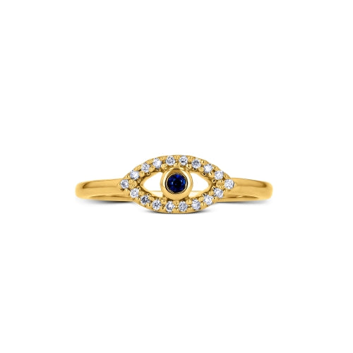 14K Solid Gold Genuine Sapphire and Diamond Evil Eye Ring